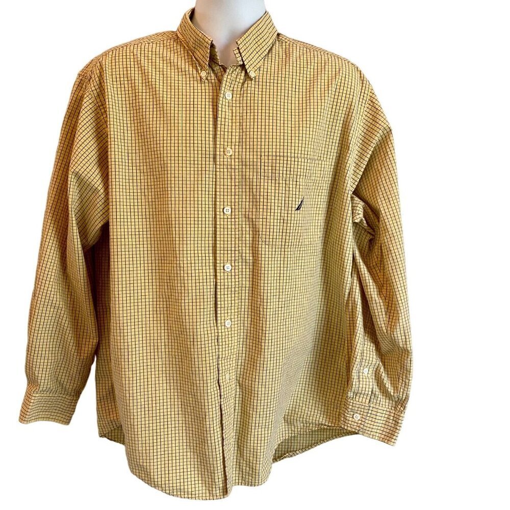 Nautica Yellow Blue Checkered Long Sleeve Button Down Shirt Men's Large